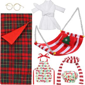 8 Pcs Christmas Doll Accessories Set with Christmas Sleeping Bag, Bathrobe, Apron and Chef Hat, Scarf, Glasses, Christmas Hammock Xmas Accessory for Doll Decorations(Lattice)