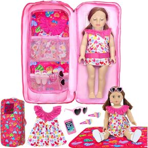 Ecore Fun Dolls Travel Carrier Case with 7 Pcs 18 Inch Doll Clothes and Accessories,Girl Doll Bag for 16-18 Inch Dolls,Doll Storage Case Organizer for Doll Accessories(No Doll)