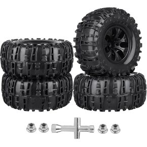 Pre-Glued Huge OD 6.3"(160mm) 1/10 RC Truck Tires and Wheels Set 2.8 RC Tires 12mm Hex for Traxxas Rustler Hoss Stampede 4x4 & 2WD Redcat Blackout 1/10 Scale RC Monster Truck Replacement