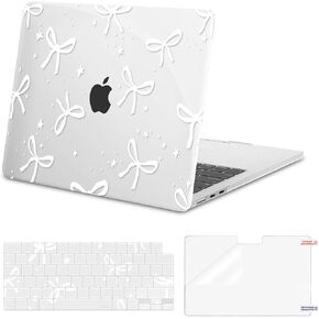 MOSISO Compatible with MacBook Air 13 inch Case 2024 2023 2022 M3 A3113 M2 A2681 Touch ID, Plastic Hard Shell Case&Keyboard Cover&Screen Protector for MacBook Air 13.6 inch Case, White Bowknot