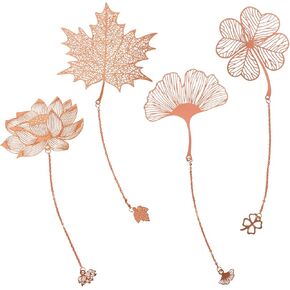 Vintage Bookmarks with Pendant, Golden Hollow Bookmark, Metal Leaf Gift Bookmark, Metal Openwork Bookmark, Four-Leaf Clover + Almond Leaf + Maple Leaf + Lotus Flower (4 PC Rose Gold)