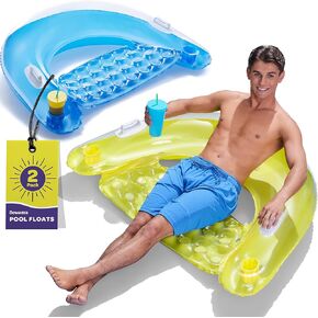 Pool Floats Adult Inflatable Chair Floats with Cup Holders & Handles - Happy Colorful Pool Floaties - Pool Float Comes in 2 Fun Colors, Blue & Yellow, A Relaxing Floats for Swimming Pool.