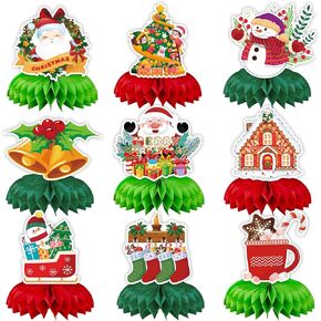 9 Pcs Christmas Honeycomb Centerpieces for Tables, Merry Christmas Honeycomb Table Topper Santa Christmas Tree Bell Table Centerpieces for Winter Hoilday Party Decorations