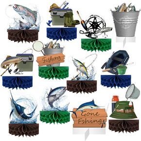12 Pcs Fishing Decorations Gone Fishing Centerpieces Fish Party Decorations Honeycomb Party Supplies 3D Fishing Table Decor Fishing Birthday Party Supplies for Fathers Day Retirement Baby Shower