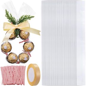 2'' x 24'' Christmas Candy Wrapping Gifts Treat Bags Set Plastic Transparent Bags with Twist Tie and Loop of Ribbon for Party Favors Chocolates Candy Wreath Making Kit(50 Pcs,Champagne)