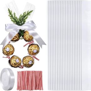 2'' x 24'' Christmas Candy Wrapping Gifts Treat Bags Set Plastic Transparent Bags with Twist Tie and Loop of Ribbon for Party Favors Chocolates Candy Wreath Making Kit(50 Pcs,Champagne)