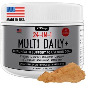 iHeartDogs 24-in-1 Senior Multivitamin Daily+ Total Health Support Powder with Probiotics, Omega-3, Glucosamine, Mushrooms & Bone Broth- 60 Servings