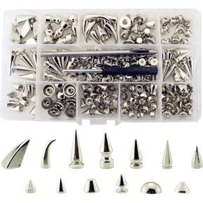 Assorted Styles 140 Sets Screw Back Studs and Spikes Kit with Tools Silver Leather Craft Rivets Bullet Cone DIY Accessories