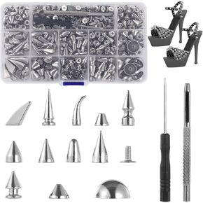 مسامير ذات أشكال مختلطة 270 مجموعة، 12 نمطًا من المسامير والأزرار الفضية اللون، مسامير مخروطية من سبائك الزنك، إكسسوارات ملابس البانك روك، مسامير معدنية لحقائب الملابس والأحذية والحقائب الجلدية in Kuwait