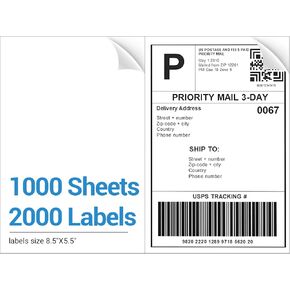 2000 Half Sheet Shipping Labels, Self Adhesive Mailing Sticker, Compatible to Laser & Inkjet Printer, 8.5" x 5.5" White, (2000 Labels/1000 Sheets)