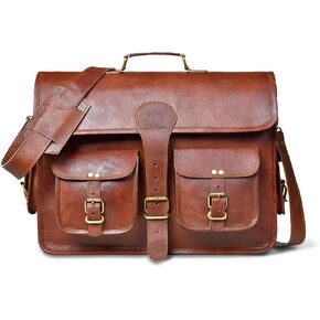 16 Inch Vintage Handmade Leather Travel Messenger Office Crossbody Bag Laptop Briefcase Computer College Satchel Bag For Men And Women