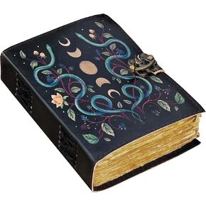 Blank Spell Book of Shadows Journal Moon Phase Printed Witchcraft Supplies Wiccan Notebook Handmade Vintage Deckle Paper Grimoire Journal Leather Sketchbook, Drawing Journal (Serpent Moon)