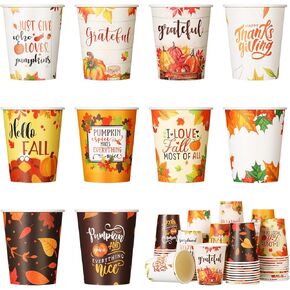 Fulmoon 100 Pcs Fall Thanksgiving Disposable Cups 9 oz Paper Coffee Cups Autumn Maple Leaves Pumpkin Cups for Kids Adults Holiday Thanksgiving Party Supplies, 10 Styles