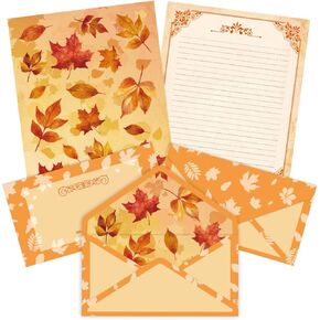AnyDesign 48Pcs Fall Stationery Paper Autumn Leaves Letterhead and 24Pcs Self-Sealing Envelope Set Thanksgiving Watercolor Printed Paper for Greeting Cards Invitation Office School Printing, 8.5x11In