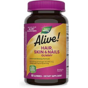 Nature's Way Alive! Hair, Skin & Nails Gummies with Biotin and Collagen, Beauty Support*, Strawberry Flavored, 60 Gummies
