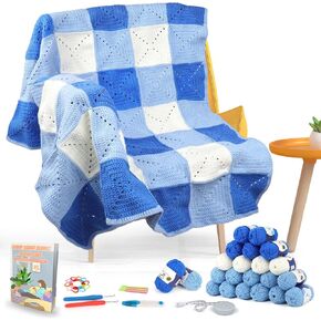 Aeelike Crochet Kit for Beginners, Granny Squares Crochet Blanket Kit Learn to Crochet Kit with Enough Yarn Detailed Instruction, Complete Crochet Starter Kit for Blanket, Easy Yarn Kit