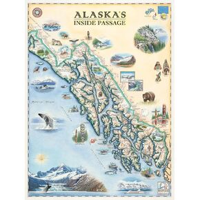 Alaska's Inside Passage Hand-Drawn Map – 18x24 Vintage-Style Lithographic Print with Soy-Based Inks – Made in USA Wall Art
