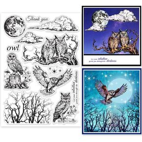 GLOBLELAND Halloween Owl Moon Clear Stamps Withered Tree Clear Stamps Moon Cloud Silicone Stamps for DIY Scrapbooking Photo Album Decorative Cards Making Home Decoration 8.27x5.83inch