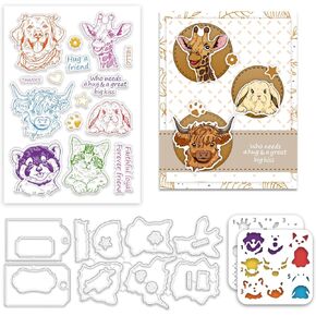 INFUNLY Cute Animals Clear Stamps and Cutting Dies Set with Reusable Dogs Draw Painting Template Cats and Rabbit Clear Silicone Stamps Cows Metal Die Cuts for DIY Scrapbooking Photo Album Decor