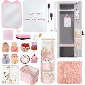 Tazimi Locker Accessories Kit with Magnetic Whiteboard, Mirror, Hook, Rug, Storage Bag, Pen Holder - Back to School Essentials for Girls' Locker Organizer