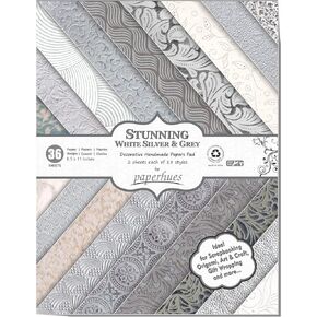 Paperhues Stunning White Silver Grey Handmade Scrapbook Paper 8.5 x 11" Pad, 36 Sheets (2 sheets each of 18 styles)