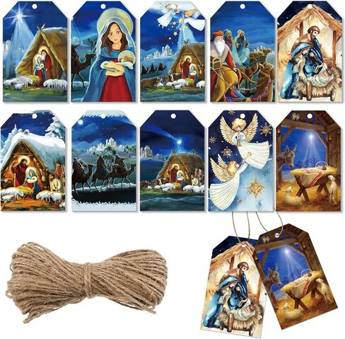 Lincia 120 Pcs Blue Christmas Gift Tag Winter Paper Gift Tags Christmas Hanging Tags Labels with String for Christmas Holiday Party Gift Wrapping Xmas Decor, 10 Styles(Nativity Scene) in Saudi Arabia