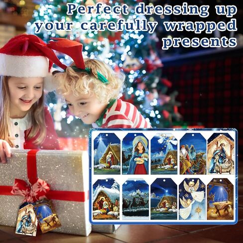Lincia 120 Pcs Blue Christmas Gift Tag Winter Paper Gift Tags Christmas Hanging Tags Labels with String for Christmas Holiday Party Gift Wrapping Xmas Decor, 10 Styles(Nativity Scene) in Saudi Arabia