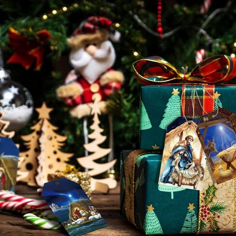 Lincia 120 Pcs Blue Christmas Gift Tag Winter Paper Gift Tags Christmas Hanging Tags Labels with String for Christmas Holiday Party Gift Wrapping Xmas Decor, 10 Styles(Nativity Scene) in Saudi Arabia