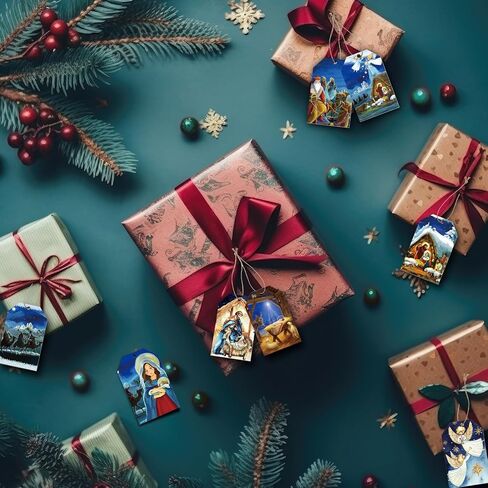 Lincia 120 Pcs Blue Christmas Gift Tag Winter Paper Gift Tags Christmas Hanging Tags Labels with String for Christmas Holiday Party Gift Wrapping Xmas Decor, 10 Styles(Nativity Scene) in Saudi Arabia