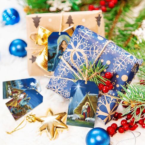Lincia 120 Pcs Blue Christmas Gift Tag Winter Paper Gift Tags Christmas Hanging Tags Labels with String for Christmas Holiday Party Gift Wrapping Xmas Decor, 10 Styles(Nativity Scene) in Saudi Arabia