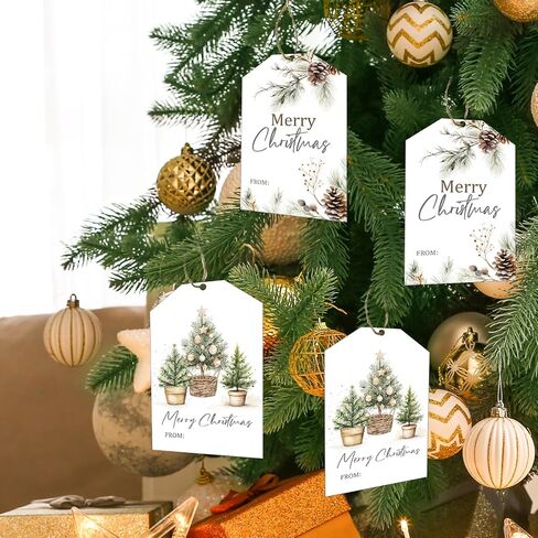 50pcs Christmas Gift Tags Merry Christmas Paper Gift Tags with String Watercolor Xmas Tree Pinecone Hanging Labels Gift Wrapping Tags for Christmas Winter Holidays DIY Party Favor Decor in Saudi Arabia