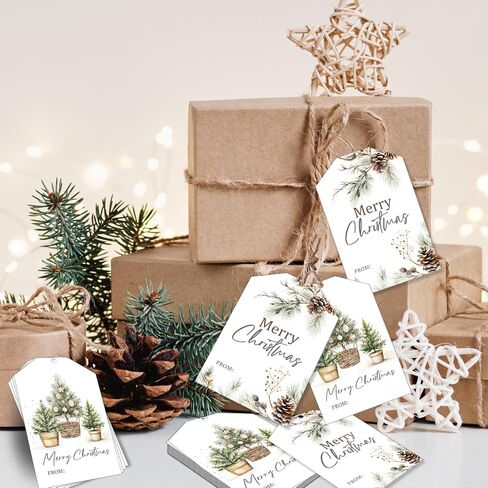 50pcs Christmas Gift Tags Merry Christmas Paper Gift Tags with String Watercolor Xmas Tree Pinecone Hanging Labels Gift Wrapping Tags for Christmas Winter Holidays DIY Party Favor Decor in Saudi Arabia