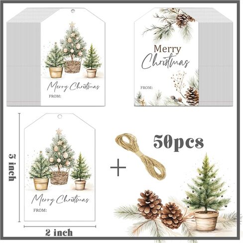 50pcs Christmas Gift Tags Merry Christmas Paper Gift Tags with String Watercolor Xmas Tree Pinecone Hanging Labels Gift Wrapping Tags for Christmas Winter Holidays DIY Party Favor Decor in Saudi Arabia