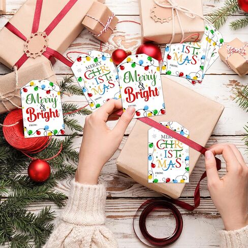 50pcs Christmas Gift Tags Merry Christmas Paper Gift Tags with String Watercolor Xmas Tree Pinecone Hanging Labels Gift Wrapping Tags for Christmas Winter Holidays DIY Party Favor Decor in Saudi Arabia