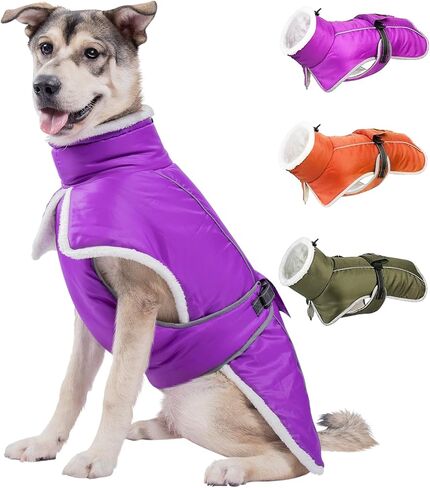 Dog Winter Coat for Large Dogs, Waterproof & Reflective Dog Snow Jacket with Fleece Lining Adjustable Turtleneck Dog Cold Weather Coats with Harness Hole(Purple, XL) in Saudi Arabia
