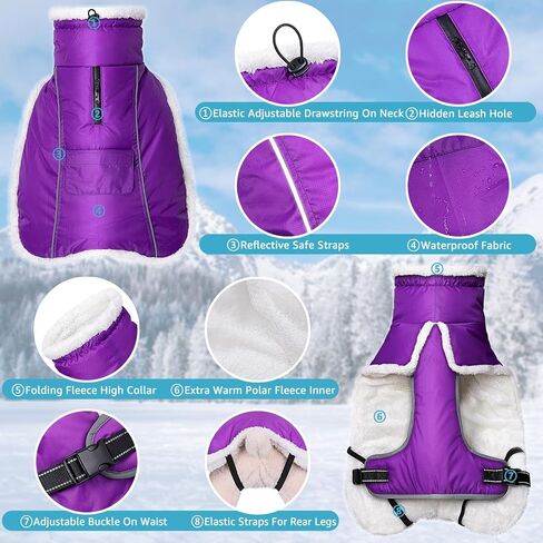 Dog Winter Coat for Large Dogs, Waterproof & Reflective Dog Snow Jacket with Fleece Lining Adjustable Turtleneck Dog Cold Weather Coats with Harness Hole(Purple, XL) in Saudi Arabia