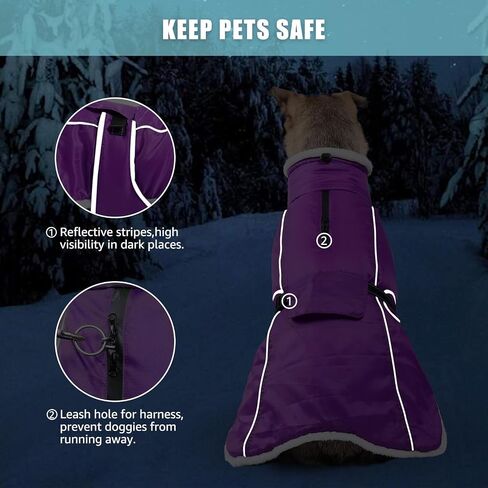 Dog Winter Coat for Large Dogs, Waterproof & Reflective Dog Snow Jacket with Fleece Lining Adjustable Turtleneck Dog Cold Weather Coats with Harness Hole(Purple, XL) in Saudi Arabia
