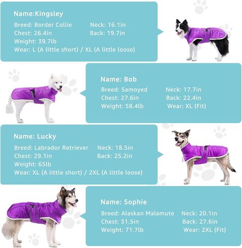 Dog Winter Coat for Large Dogs, Waterproof & Reflective Dog Snow Jacket with Fleece Lining Adjustable Turtleneck Dog Cold Weather Coats with Harness Hole(Purple, XL) in Saudi Arabia