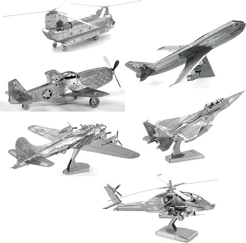 مجموعات نماذج معدنية ثلاثية الأبعاد من Fascinations Metal Earth - Boeing AH-64 Apache - P-51 Mustang - CH-47 Chinook - طائرة تجارية - F-15 Eagle - B-17 Flying Fortress - حزمة من 6 قطع in Kuwait