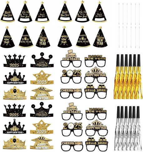 48 Pieces New Years Eve Party Supplies 2025-Happy New Year Eyeglasses,New Year Crowns,Happy New Year Hats,Noise Makers,New Years Party Favors Set in Kuwait