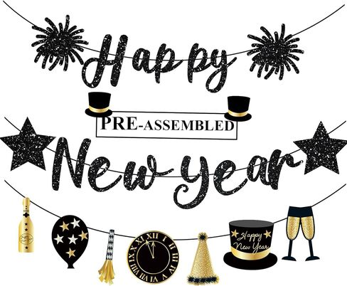 Happy New Year Banner Black Glitter Pre-Strung Happy New Years sign New Year Eve Banner for Happy New Year Party Decorations 2025 NYE Party Supplies in Saudi Arabia