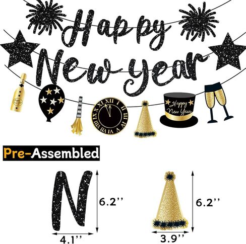 Happy New Year Banner Black Glitter Pre-Strung Happy New Years sign New Year Eve Banner for Happy New Year Party Decorations 2025 NYE Party Supplies in Saudi Arabia
