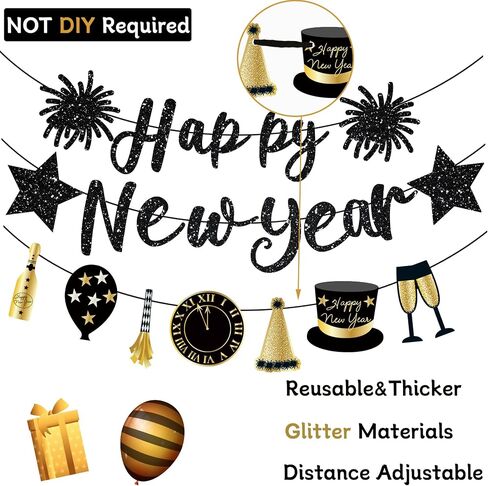 Happy New Year Banner Black Glitter Pre-Strung Happy New Years sign New Year Eve Banner for Happy New Year Party Decorations 2025 NYE Party Supplies in Saudi Arabia