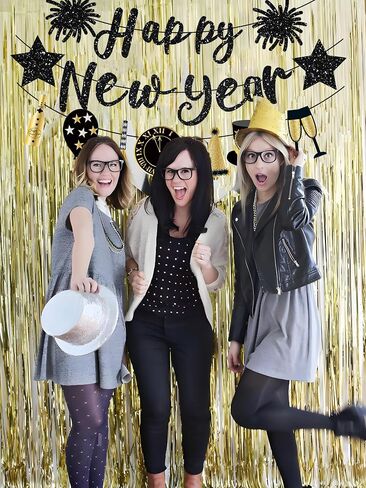 Happy New Year Banner Black Glitter Pre-Strung Happy New Years sign New Year Eve Banner for Happy New Year Party Decorations 2025 NYE Party Supplies in Saudi Arabia