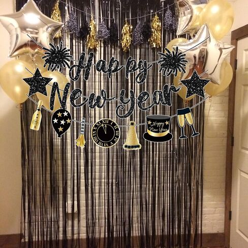 Happy New Year Banner Black Glitter Pre-Strung Happy New Years sign New Year Eve Banner for Happy New Year Party Decorations 2025 NYE Party Supplies in Saudi Arabia