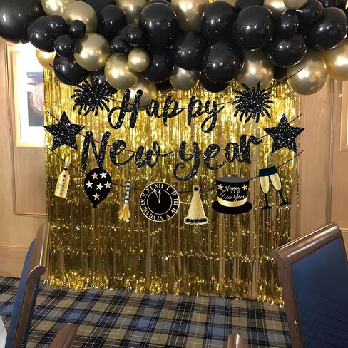 Happy New Year Banner Black Glitter Pre-Strung Happy New Years sign New Year Eve Banner for Happy New Year Party Decorations 2025 NYE Party Supplies in Saudi Arabia