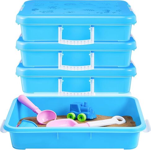 صينية رمل محمولة مع غطاء صندوق رمل بلاستيكي صغير بمقبض، 14.96 × 10.24 × 3.15 بوصة، أزرق (4 قطع) in Kuwait