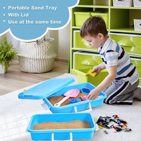 صينية رمل محمولة مع غطاء صندوق رمل بلاستيكي صغير بمقبض، 14.96 × 10.24 × 3.15 بوصة، أزرق (4 قطع) in Kuwait