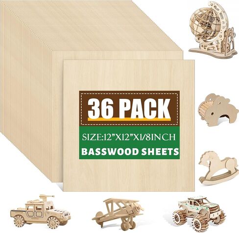 36 Pack 12x12 Basswood Sheets 1/8 Inch, Unfinished Wood for Crafts, Basswood for Laser Cutting & Engraving, Wood Burining, Basswood Plywood Sheets for Architectural Models. in Saudi Arabia