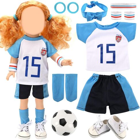 UPINS 18 Inch Girl Doll Clothes Accessories Team USA 8 Piece Soccer Uniform Clothing Includes Headband, Hair Bands, Bracers, Shirt, Shorts, Socks, Shoes and Football Fits for Children's Day in Saudi Arabia
